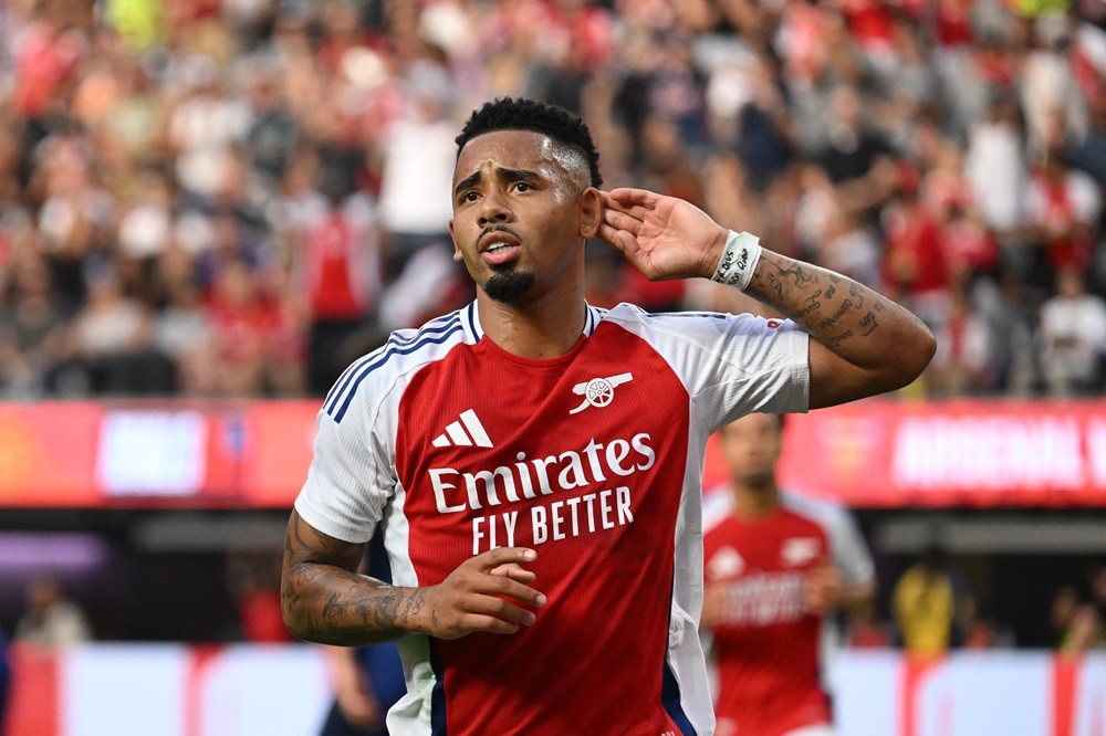 Arsenal's Gabriel Jesus celebrates after scoring a goal during the pre-season club friendly football match between Manchester United FC and Arsenal...