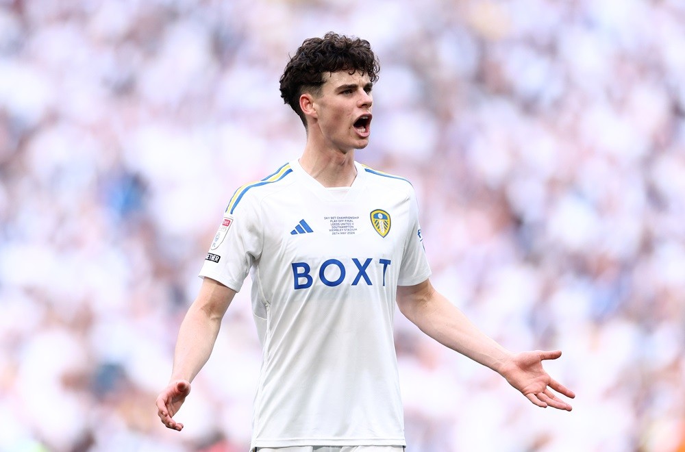 LONDON, ENGLAND: Archie Grey of Leeds United reacts during the Sky Bet Championship Play Final match at Wembley Stadium on May 26, 2024. (Photo by ...