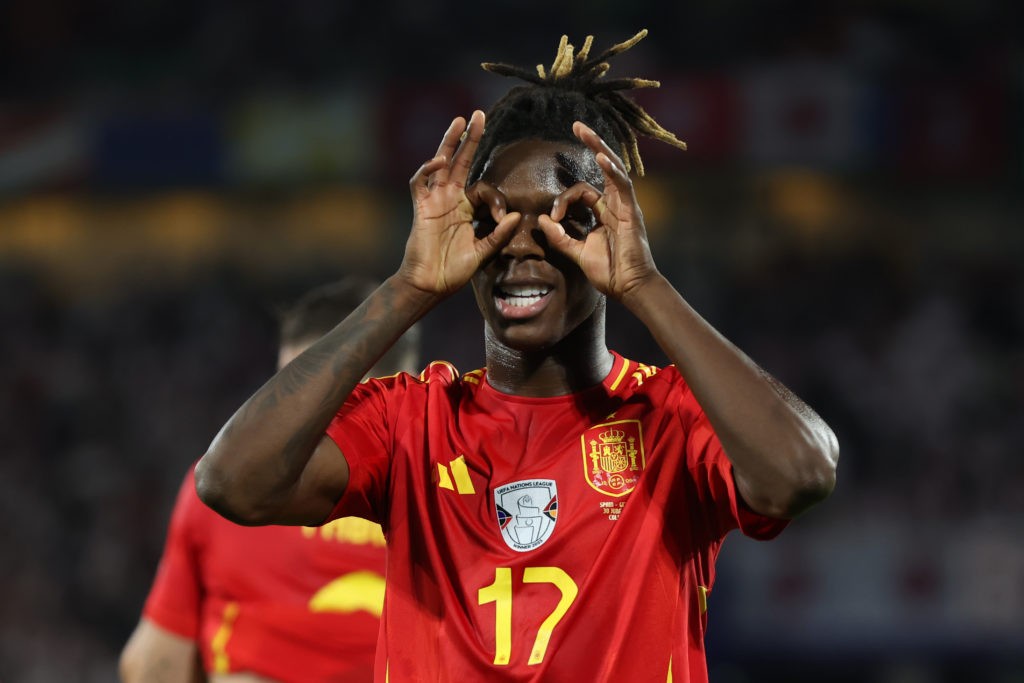 Arsenal in talks with Nico Williams' camp over summer move 3 COLOGNE, GERMANY - JUNE 30: Nico Williams of Spain celebrates scoring his team's third goal during the UEFA EURO 2024 round of 16 match between Spain and Georgia at Cologne Stadium on June 30, 2024 in Cologne, Germany. (Photo by Alex Grimm/Getty Images)