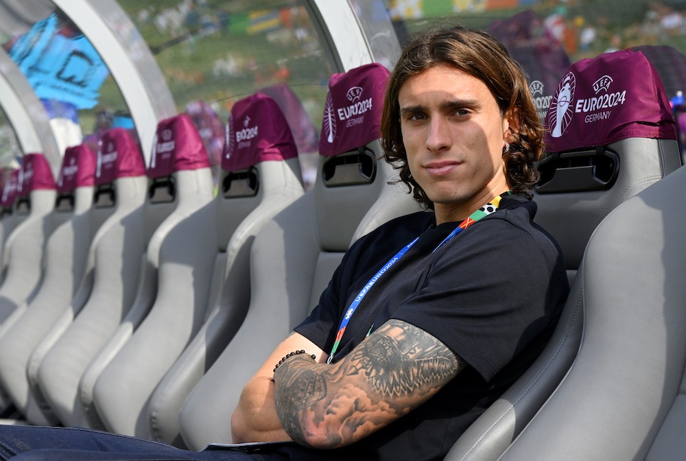 BERLIN, GERMANY: Riccardo Calafiori of Italy looks on prior to the UEFA EURO 2024 round of 16 match between Switzerland and Italy at Olympiastadion...