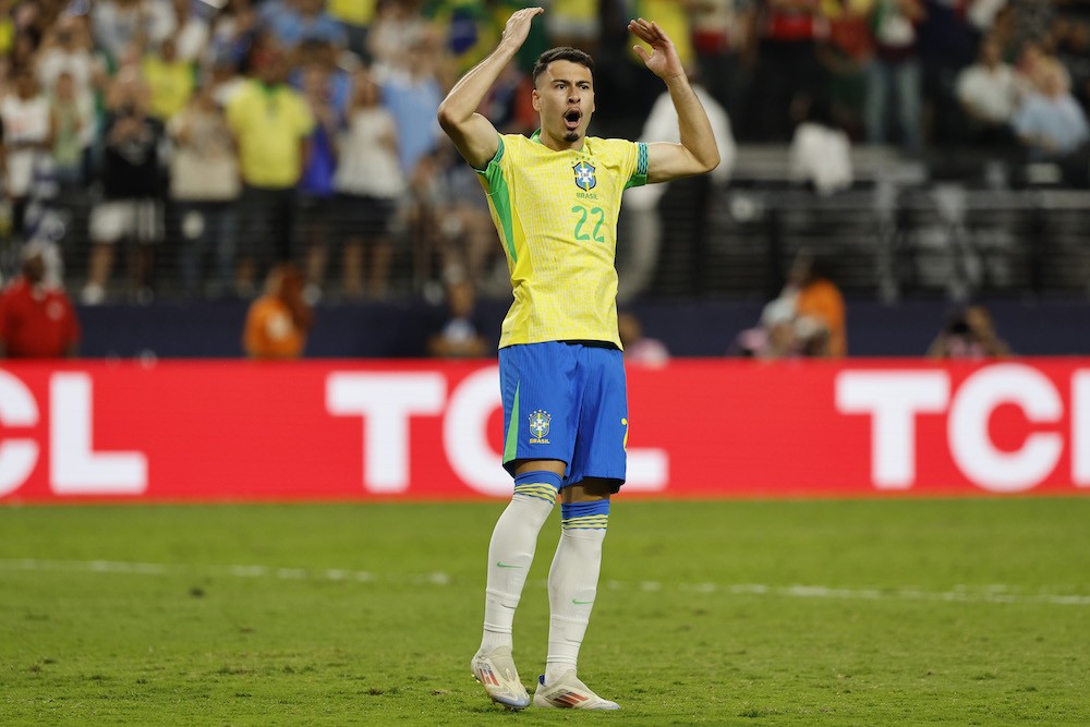 LAS VEGAS, NEVADA: Gabriel Martinelli of Brazil scores the team's fourth penalty in the penalty shoot-out during the CONMEBOL Copa America 2024 qua...