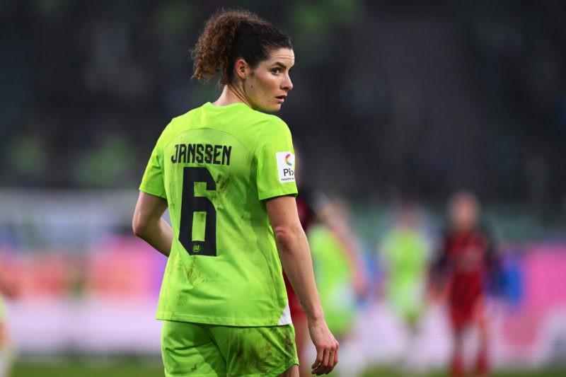 WOLFSBURG, GERMANY - FEBRUARY 11: Dominique Janssen of VfL Wolfsburg reacts during the Google Pixel Women's Bundesliga match between VfL Wolfsburg ...