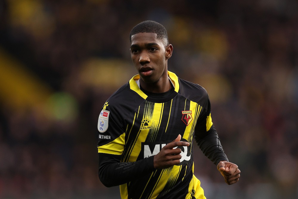 WATFORD, ENGLAND: Yaser Asprilla of Watford in action during the Sky Bet Championship match between Watford and Bristol City at Vicarage Road on December 26, 2023. (Photo by Richard Heathcote/Getty Images)