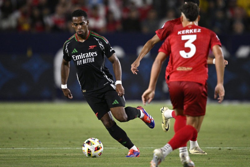 CARSON, CALIFORNIA - JULY 24: Jurrien Timber #12 of Arsenal FC controls the ball during the first half against AFC Bournemouth during a pre-season ...