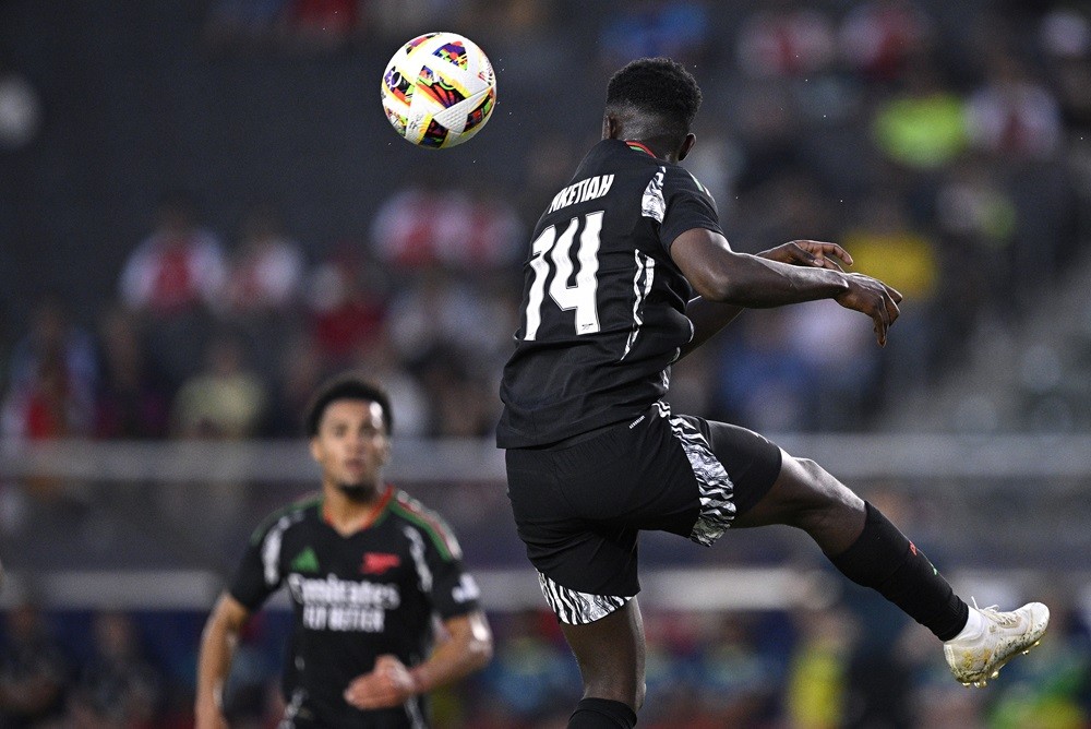 CARSON, CALIFORNIA: Eddie Nketiah heads the ball during the first half during a pre-season friendly match between Arsenal FC and AFC Bournemouth at...