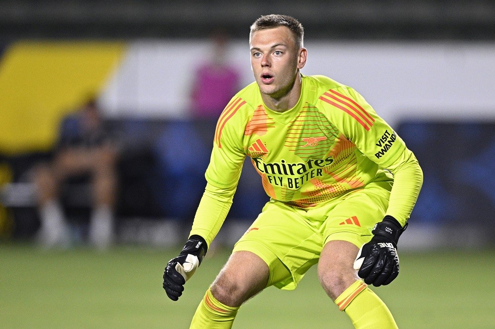 CARSON, CALIFORNIA: Karl Hein of Arsenal FC looks on during the first half against AFC Bournemouth at Dignity Health Sports Park on July 24, 2024. ...