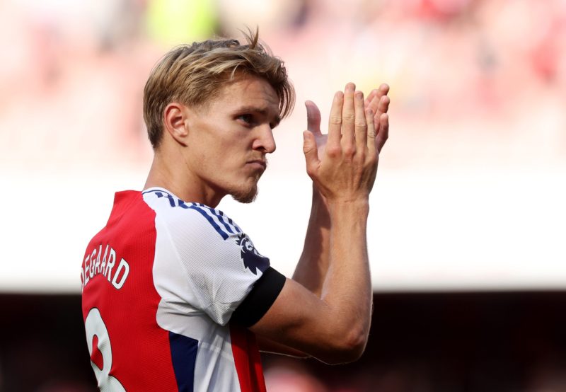 LONDON, ENGLAND - AUGUST 17: Martin Odegaard of Arsenal applauds the fans following the team's victory during the Premier League match between Arse...