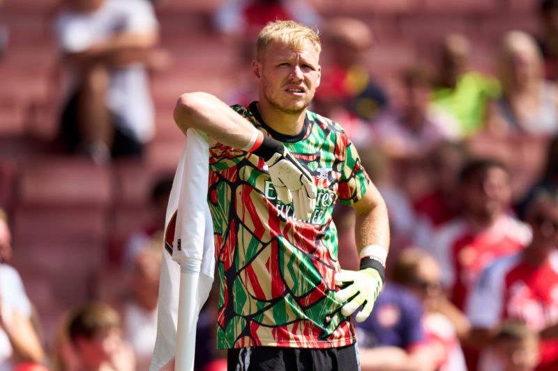 LONDON, ENGLAND - AUGUST 11: Aaron Ramsdale of Arsenal looks on prior to the pre-season friendly match between Arsenal and Olympique Lyonnais at Em...