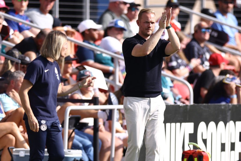 WASHINGTON, DC - AUGUST 25: Arsenal head coach Jonas Eidevall reacts during the first half against Chelsea at Audi Field on August 25, 2024 in Wash...