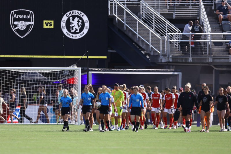 WASHINGTON, DC - AUGUST 25: Arsenal and Chelsea players enter the pitch at Audi Field on August 25, 2024 in Washington, DC. (Photo by Tim Nwachukwu...