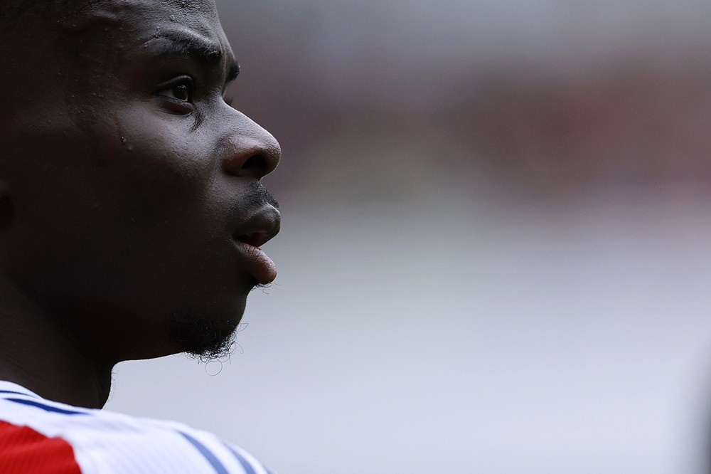 Arsenal's Bukayo Saka reacts during the English Premier League football match between Arsenal and Brighton and Hove Albion at the Emirates Stadium ...