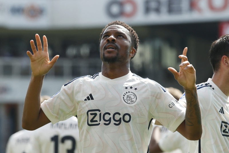 Ajax's English forward #10 Chuba Akpom celebrates the team's second goal during the Dutch Eredivisie football match between FC Volendam and Ajax at...