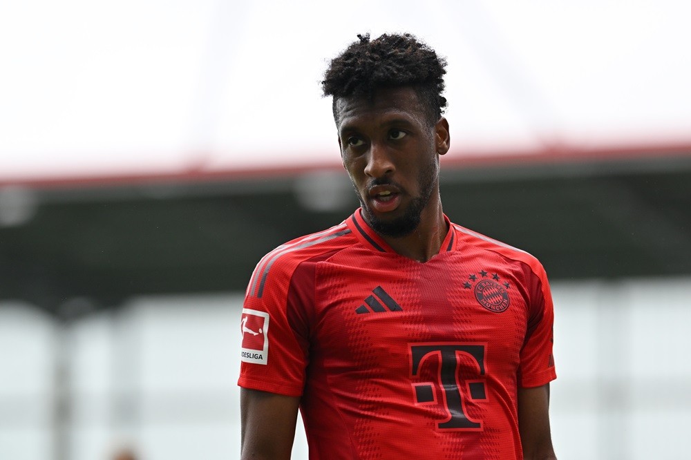 MUNICH, GERMANY: Kingsley Coman of FC Bayern Muenchen looks on during the Preseason Friendly match between FC Bayern München and Grashoppers Zürich at FCB Campus on August 20, 2024. (Photo by Sebastian Widmann/Getty Images)