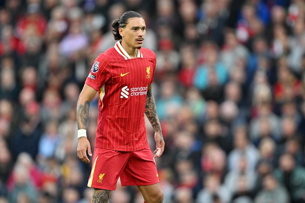 LIVERPOOL, ENGLAND: Darwin Nunez of Liverpool in action during the Premier League match between Liverpool FC and Brentford FC at Anfield on August ...