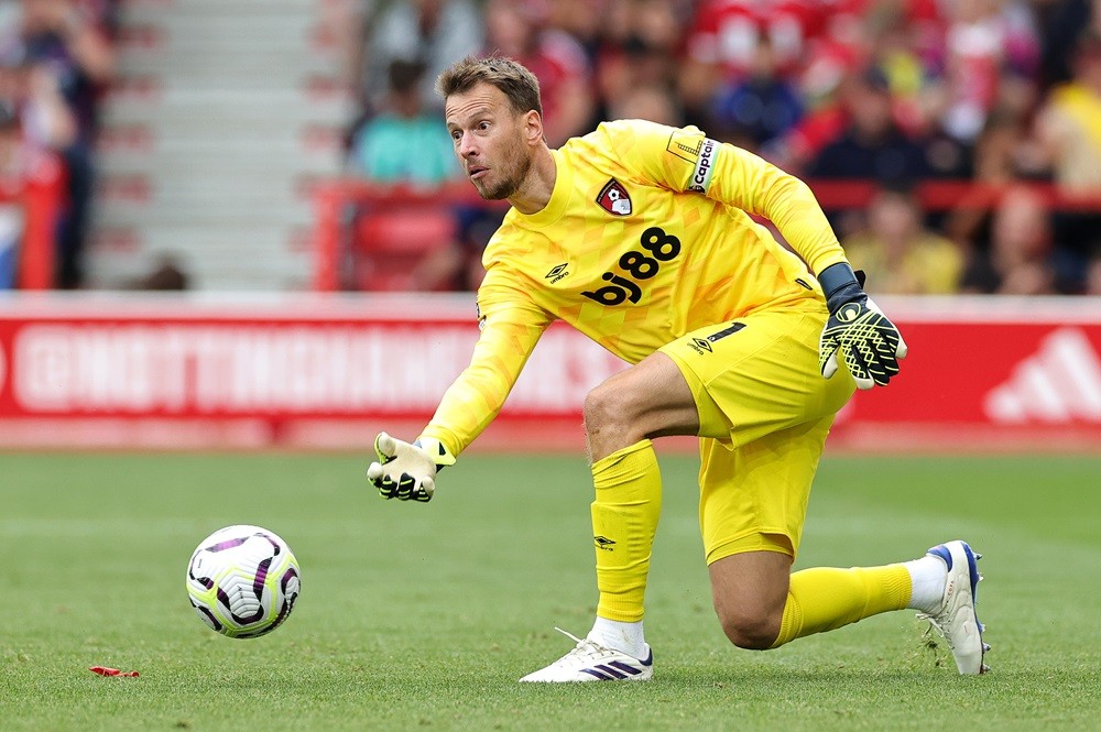 NOTTINGHAM, ENGLAND: Neto of Bournemouth rolls out the ball during the Premier League match between Nottingham Forest FC and AFC Bournemouth at Cit...