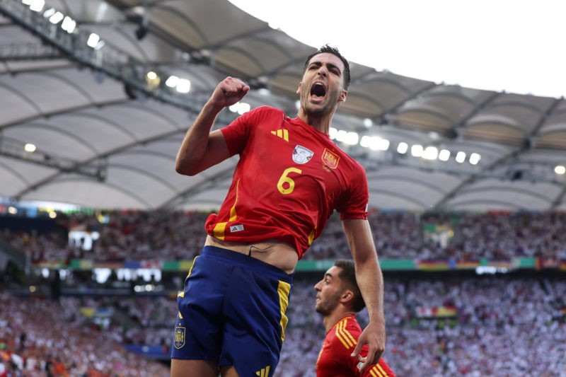 STUTTGART, GERMANY - JULY 05: Mikel Merino of Spain celebrates scoring his team's second goal during the UEFA EURO 2024 quarter-final match between...