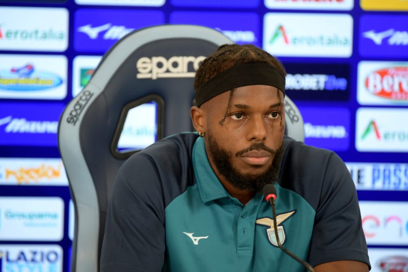 ROME, ITALY - AUGUST 13: New signing Nuno Tavares of SS Lazio is unveiled during a press conference at Formello sport centre on August 13, 2024 in ...