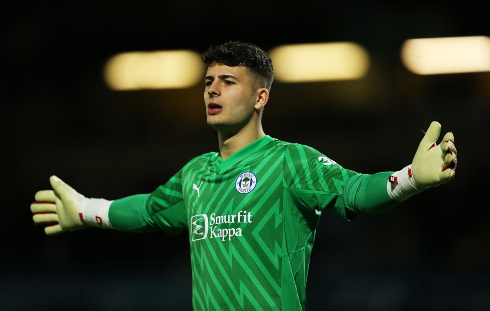 HIGH WYCOMBE, ENGLAND: Sam Tickle of Wigan Athletic reacts during the Sky Bet League One match between Wycombe Wanderers and Wigan Athletic at Adam...