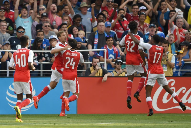 Former Arsenal wonderkid has contract terminated 5 SAN JOSE, CA - JULY 28: Chuba Akpom #32 of Arsenal FC celebrates with teammates, Alex Iwobi #17, Hector Bellerin #24 and Gedion Zelalem #40 after Akpom scored a goal against the MLS All-Stars during the second half of the AT&T MLS All-Star Game at Avaya Stadium on July 28, 2016 in San Jose, California. (Photo by Thearon W. Henderson/Getty Images)