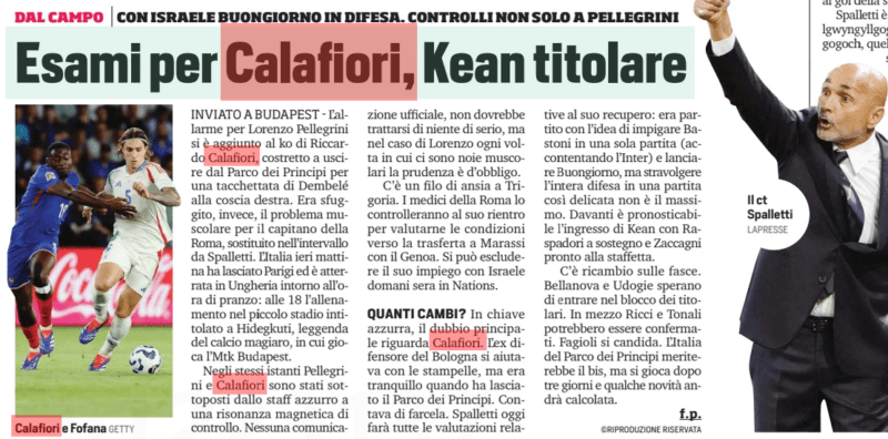 Riccardo Calafiori on crutches, injury sends him back to Arsenal 3 Exams for Calafiori, Kean holder Corriere dello Sport8 Sep 2024 SENT TO BUDAPEST-The alarm for Lorenzo Pellegrini was added to the ko of Riccardo Calafiori, forced to leave the Parco dei Principi for a cleat of Dembele on the right thigh. Instead, the muscular problem for the captain of Roma had escaped, replaced in the interval by Spalletti. Italy yesterday morning left Paris and landed in Hungary around lunchtime: at 18 training in the small stadium named after Hidegkuti, legend of Magyar football, where Mtk Budapest plays. In the same moments Pellegrini and Calafiori were subjected by the blue staff to a control magnetic resonance imaging. No official communication, it should not be anything serious, but in the case of Lorenzo every time there are muscle troubles prudence is a must. There is a thread of anxiety in Trigoria. The doctors of Roma will check him on his return to assess his condition towards the trip to Marassi with Genoa. His employment with Israel in the Nations tomorrow night can be ruled out. HOW MANY CHANGES? In a blue key, the main doubt concerns Calafiori. The e difensore defender of Bologna helped himself with crutches, but he was quiet when he left the Parco dei Principi. He expected to make it. Spalletti today will make all the assessments related to his recovery: he had started with the idea of entangling sticks in a single game (satisfying Inter) and launch Good Morning, but upsetting the entire defense in such a delicate game is not the best. In front it is possible to predict the entrance of Kean with Raspadori in support and Zaccagni ready for the relay. There is spare on the bands. Bellanova and Udogie hope to enter the block of holders. In between Curls and Tonal could be confirmed. Beans is candida. The Italy of the Parco dei Principi would deserve the encore, but it is played after three days and some news will be calculated.