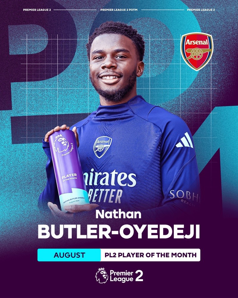 Nathan Butler-Oyedeji with the Premier League 2 Player of the Month award for August 2024