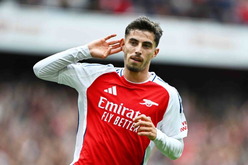 LONDON, ENGLAND - AUGUST 31: Kai Havertz of Arsenal celebrates scoring his team's first goal during the Premier League match between Arsenal FC and...
