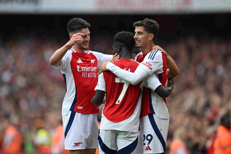 LONDON, ENGLAND - AUGUST 31: Kai Havertz of Arsenal celebrates scoring his team's first goal with team mates Declan Rice and Bukayo Saka of Arsenal...