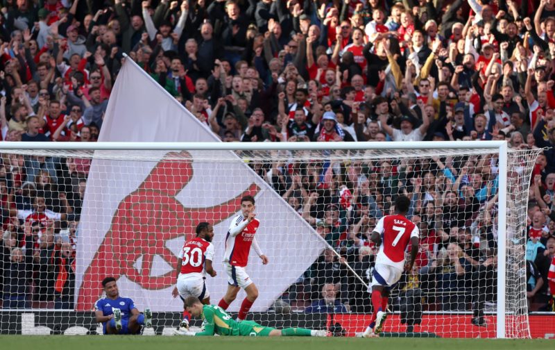 LONDON, ENGLAND - SEPTEMBER 28: Kai Havertz of Arsenal celebrates scoring his team's fourth goal during the Premier League match between Arsenal FC...