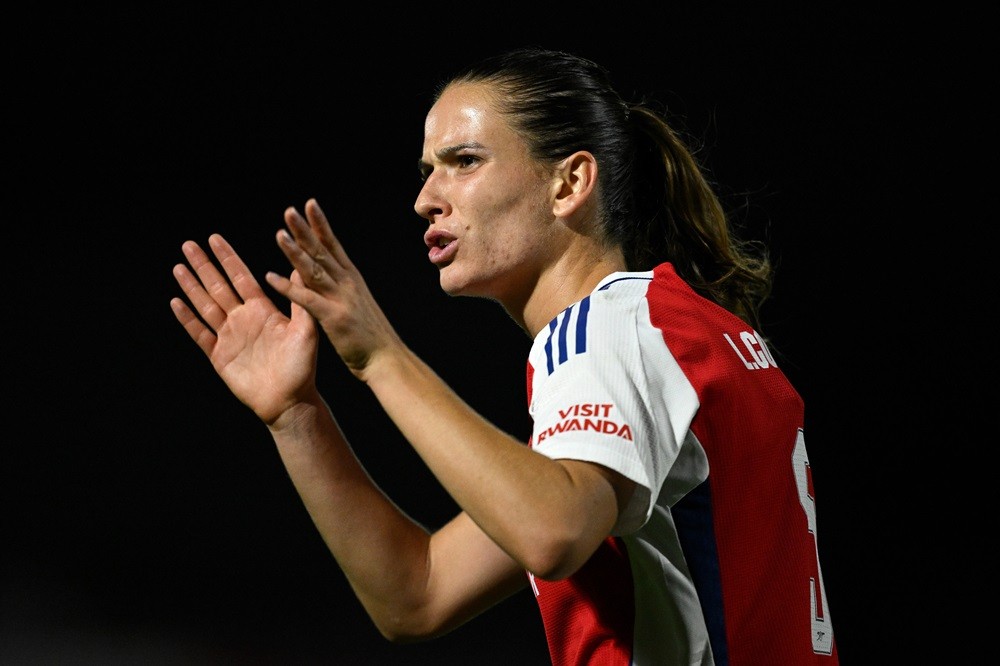 BOREHAMWOOD, ENGLAND: Laia Codina of Arsenal reacts during the UEFA Women's Champions League 2024/25 First Round Mini-Tournament match between Arse...