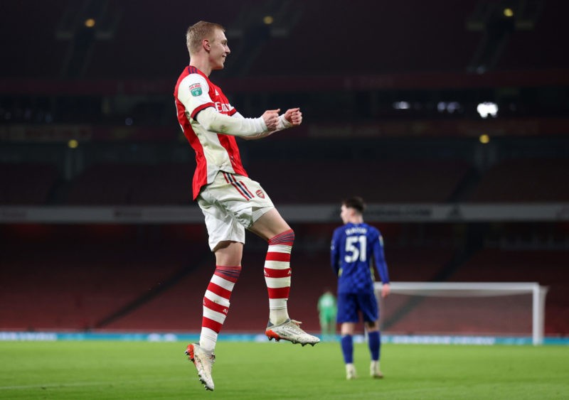9 goal in 14 games: 21yo former Gunner wants "fantastic" Arsenal return 2 LONDON, ENGLAND - JANUARY 11: Mika Biereth of Arsenal celebrates after he scores his teams second goal during the Papa John's Trophy match between Arsenal U21 and Chelsea U21 at Emirates Stadium on January 11, 2022 in London, England. (Photo by Alex Pantling/Getty Images)