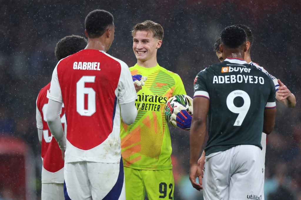 Will 3 keepers leave Arsenal this summer? 4 LONDON, ENGLAND - SEPTEMBER 25: Jack Porter interacts with Gabriel of Arsenal after the Carabao Cup Third Round match between Arsenal and Bolton Wanderers at Emirates Stadium on September 25, 2024 in London, England. (Photo by Alex Pantling/Getty Images)