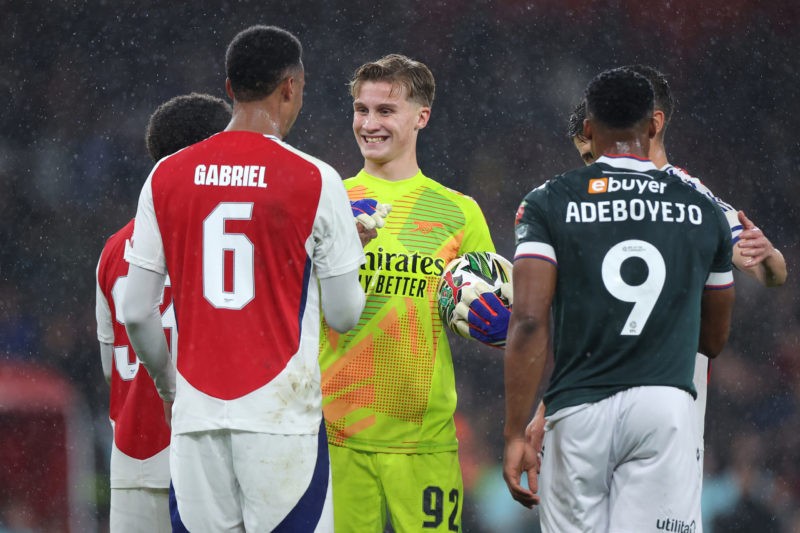 Major Arsenal star a doubt for Leicester game with injury 4 LONDON, ENGLAND - SEPTEMBER 25: Jack Porter interacts with Gabriel of Arsenal after the Carabao Cup Third Round match between Arsenal and Bolton Wanderers at Emirates Stadium on September 25, 2024 in London, England. (Photo by Alex Pantling/Getty Images)