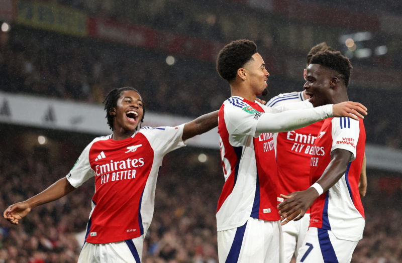 LONDON, ENGLAND - SEPTEMBER 25: Ethan Nwaneri of Arsenal celebrates scoring his team's third goal with teammates during the Carabao Cup Third Round...