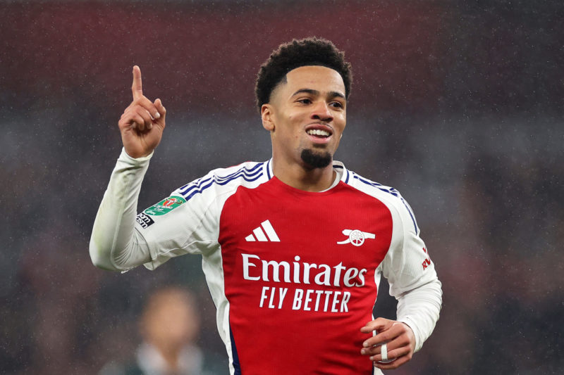 LONDON, ENGLAND - SEPTEMBER 25: Ethan Nwaneri of Arsenal celebrates scoring his team's third goal during the Carabao Cup Third Round match between ...