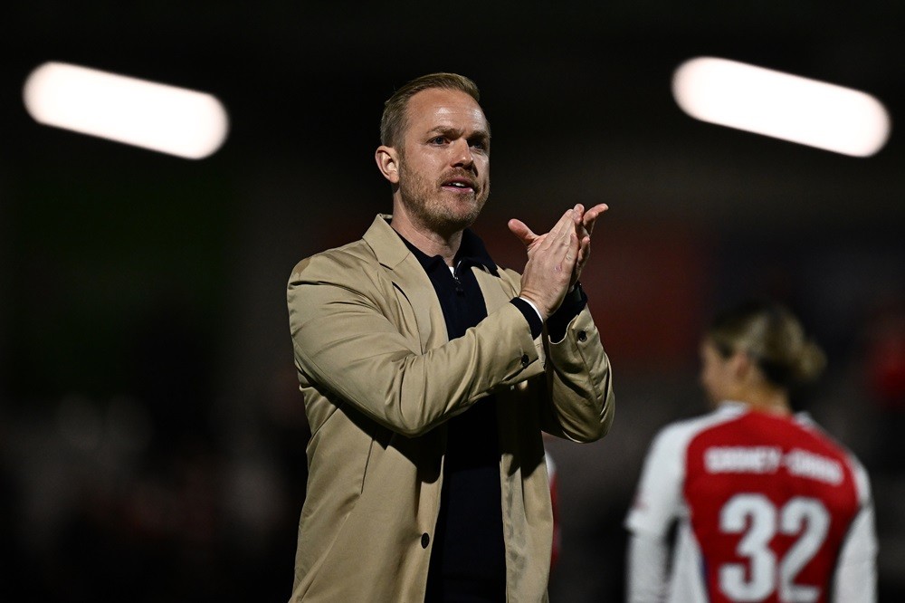 BOREHAMWOOD, ENGLAND: Jonas Eidevall, Manager of Arsenal, acknowledges the fans after the UEFA Women's Champions League 2024/25 Second Round Second...