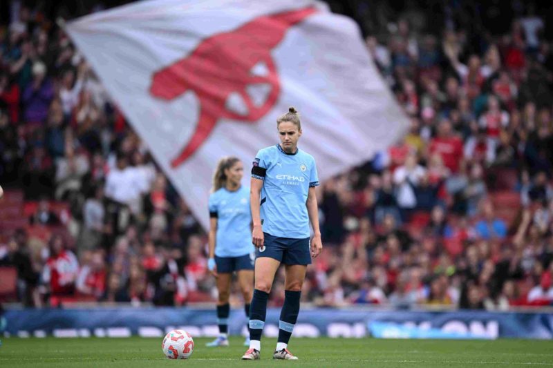 LONDON, ENGLAND - SEPTEMBER 22: Vivianne Miedema of Manchester City shows dejection after Frida Maanum of Arsenal (not pictured) scores her team's ...