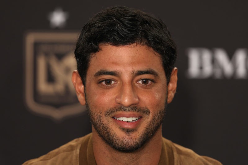 LOS ANGELES, CALIFORNIA - SEPTEMBER 18: Carlos Vela #10 of Los Angeles Football Club reacts during a press conference prior to the match between Au...