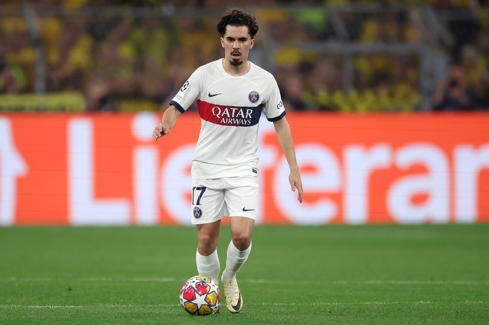 DORTMUND, GERMANY: Vitinha of Paris Saint-Germain controls the ball during the UEFA Champions League semi-final first leg match between Borussia Do...