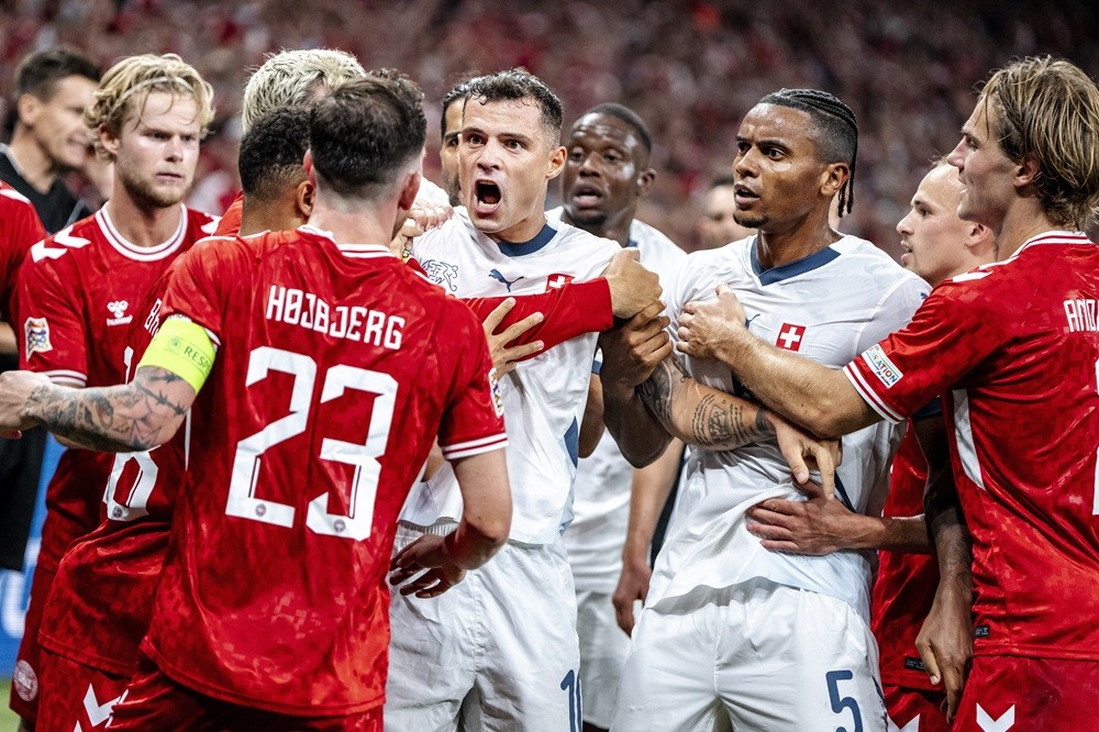 Switzerland's Granit Xhaka (C) reacts during the UEFA Nations League football match League A, Group A4, Day 1, Denmark v Switzerland in the Parken ...