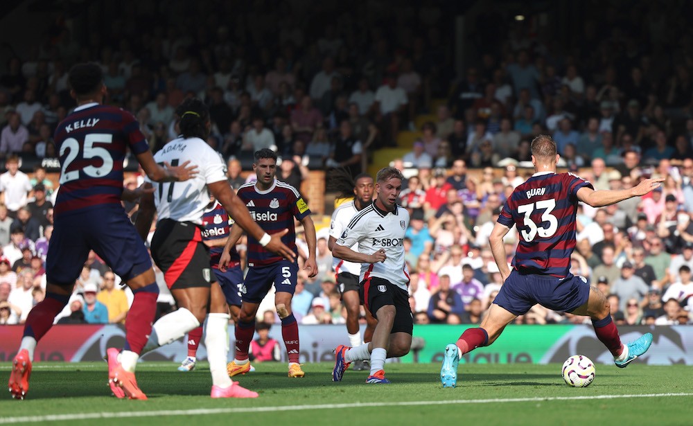 LONDON, ENGLAND: Emile Smith Rowe of Fulham scores his team's second goal during the Premier League match between Fulham FC and Newcastle United FC...