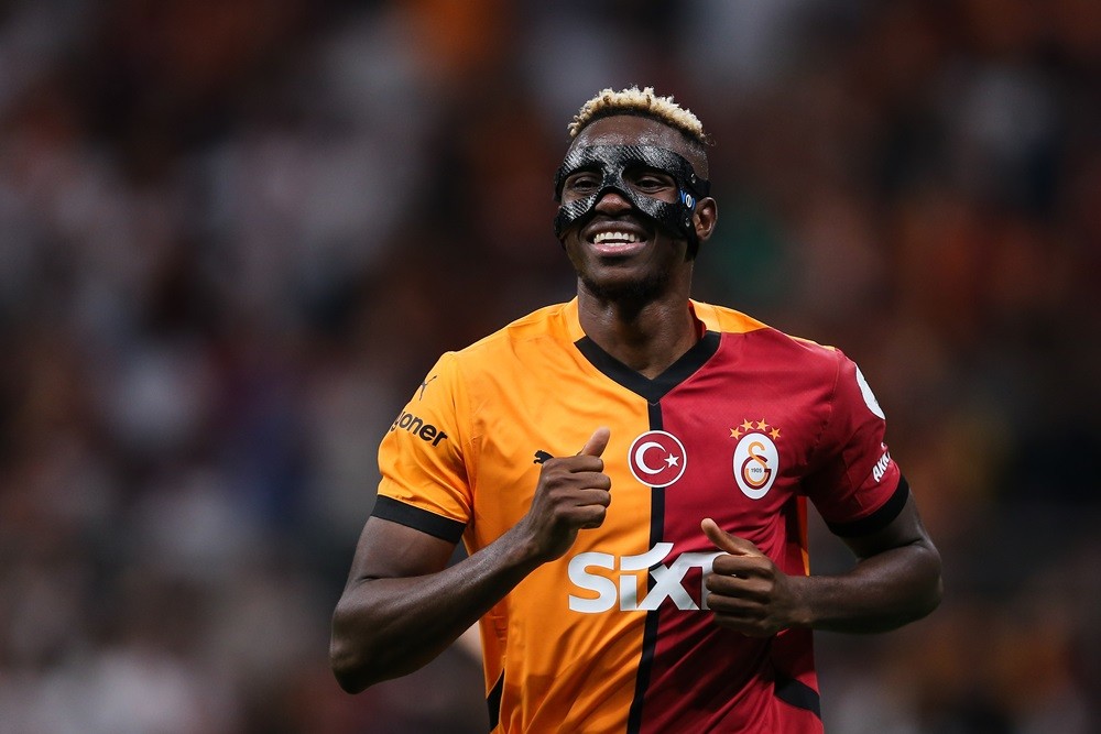 ISTANBUL, TURKEY: Victor Osimhen of Galatasaray reacts during the Turkish Super League match between Galatasaray and Rizespor at Rams Park Stadium ...