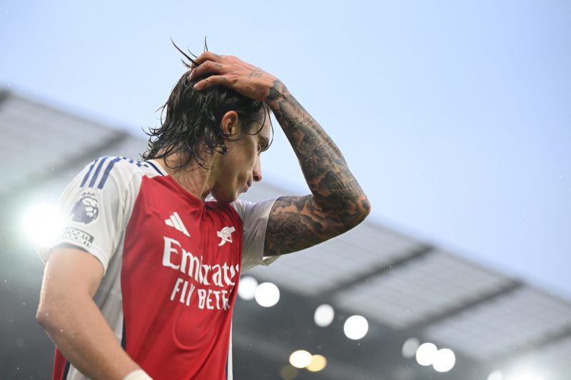 MANCHESTER, ENGLAND - SEPTEMBER 22: Riccardo Calafiori of Arsenal looks on during the Premier League match between Manchester City FC and Arsenal F...