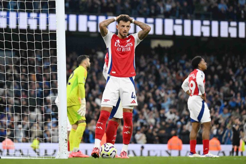 MANCHESTER, ENGLAND - SEPTEMBER 22: Ben White of Arsenal looks dejected after John Stones of Manchester City (not pictured) scores his team's secon...