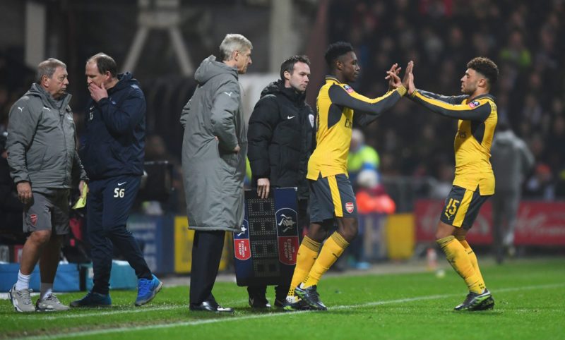 Arsenal learn Carabao Cup 4th round opponents 4 PRESTON, ENGLAND - JANUARY 07: Danny Welbeck of Arsenal replaces Alex Oxlade-Chamberlain of Arsenal as a substitute during the Emirates FA Cup Third Round match between Preston North End and Arsenal at Deepdale on January 7, 2017 in Preston, England. (Photo by Michael Regan/Getty Images)