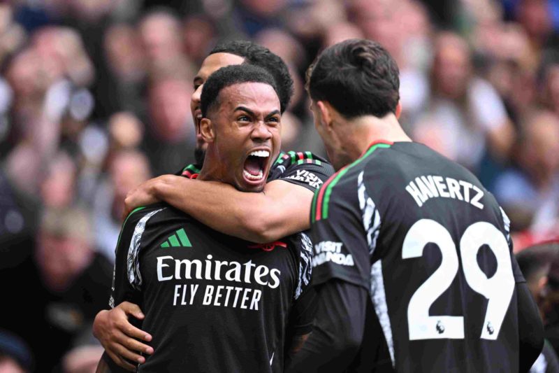 LONDON, ENGLAND - SEPTEMBER 15: Gabriel of Arsenal celebrates scoring his team's first goal with teammates William Saliba and Kai Havertz of Arsena...