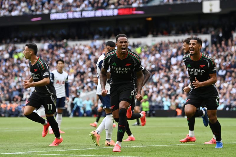 LONDON, ENGLAND - SEPTEMBER 15: Gabriel of Arsenal celebrates scoring his team's first goal during the Premier League match between Tottenham Hotsp...