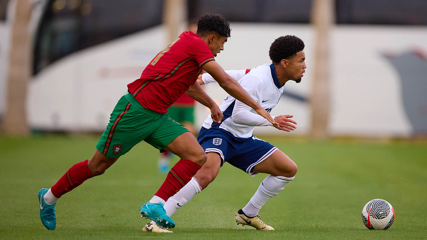 SAN PEDRO DE ALCANTARA, SPAIN: Ethan Nwaneri of England U19 in action during the International match between Portugal U19 and England U19 at Marbel...