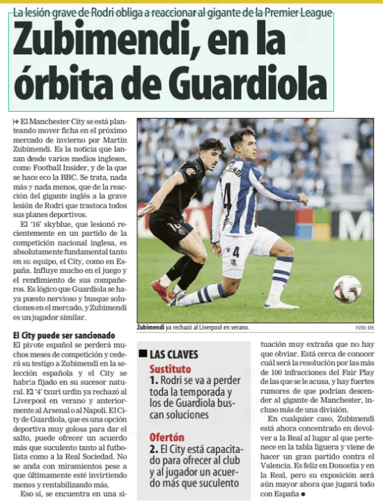 Zubimendi, in Guardiola's orbit Rodri's serious injury forces Premier League giant to react