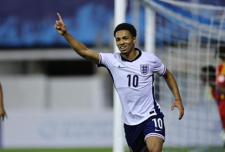 Ethan Nwaneri celebrates a goal for the England youth teams (Photo via Nwaneri on Instagram)