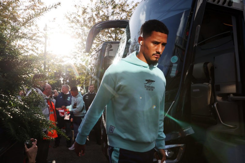 BOURNEMOUTH, ENGLAND - OCTOBER 19: William Saliba of Arsenal arrives at the stadium prior to the Premier League match between AFC Bournemouth and A...